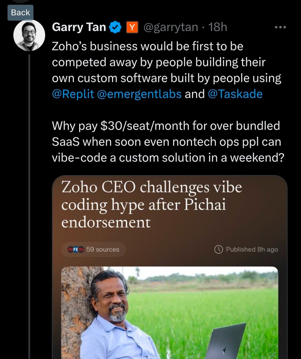 ThePrimeagen's tweet image. when you invest in all of these companies can you make these kinds of tweets as a &quot;third party observer?&quot;

yc is affiliated with replit, emergent, and taskade (at least Google says so)