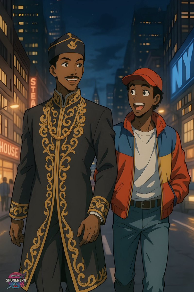 ShonenJPN's tweet photo. Anime Coming 2 America vibes!
Royal father and son walking through NYC with regal style and epic colors. #Coming2America #AnimeVibes #RoyalAnime #NYCAnime #ShonenJPN https://t.co/PM79IzRF66