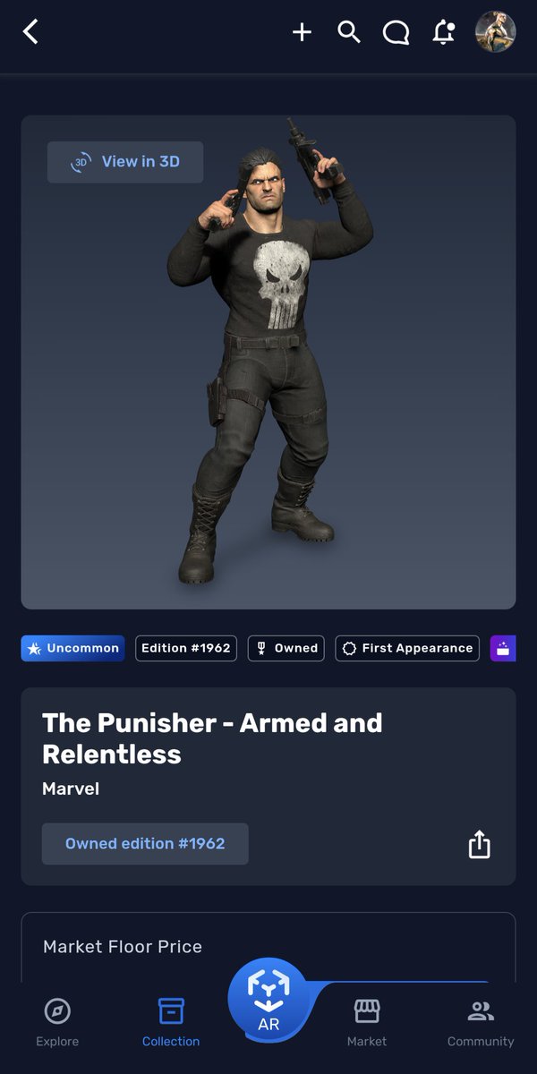 AltTheCollector's tweet photo. So the rest of these Punisher pieces were burned this morning leaving only 933 in existence.  I picked up mint 1962 right after the burn.  Man he looks good in the Verse.  #VeVeDigitalCollectibles https://t.co/AlBQ5WD0td
