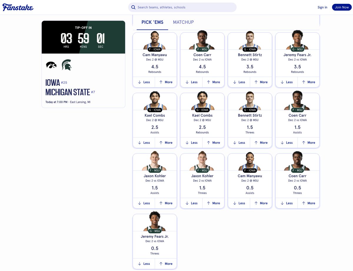 FanstakeHQ's tweet image. Michigan State basketball takes its perfect record into Big Ten Conference play, when it hosts the Iowa Hawkeyes tonight in East Lansing at 7 PM.

All the game and player props here: fanstake.com/mens-college-b…

POINTS
Bennett Stirtz (IOWA) — Over/Under 16.5 Points
Jaxon Kohler (MSU)…