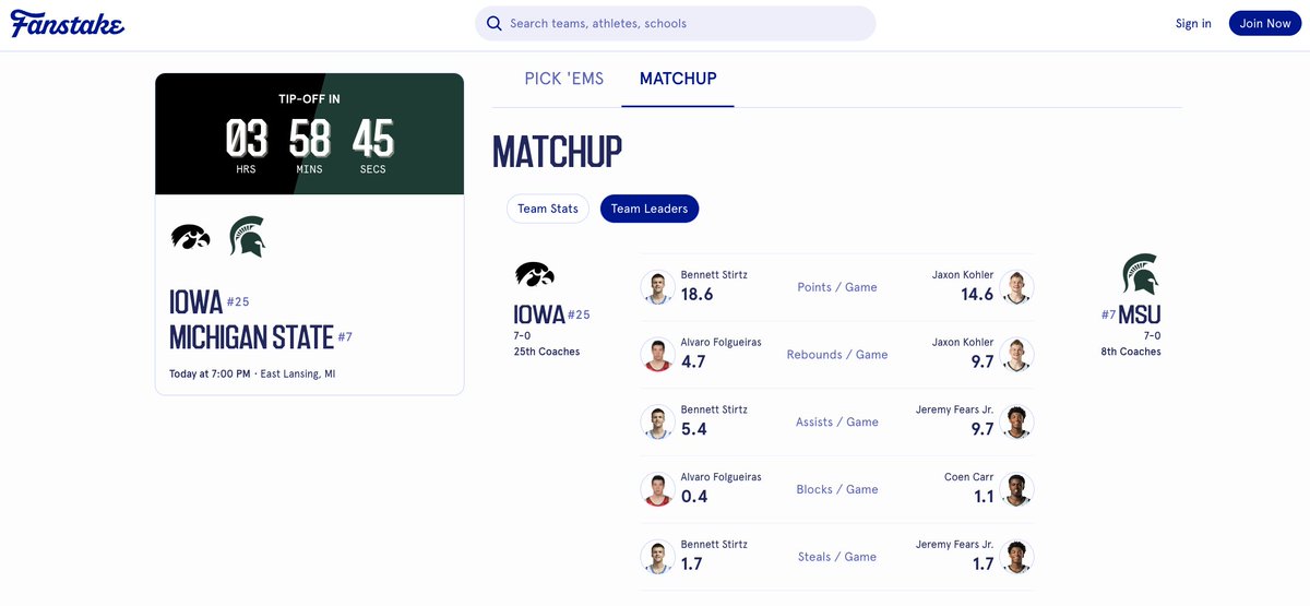 FanstakeHQ's tweet image. Michigan State basketball takes its perfect record into Big Ten Conference play, when it hosts the Iowa Hawkeyes tonight in East Lansing at 7 PM.

All the game and player props here: fanstake.com/mens-college-b…

POINTS
Bennett Stirtz (IOWA) — Over/Under 16.5 Points
Jaxon Kohler (MSU)…