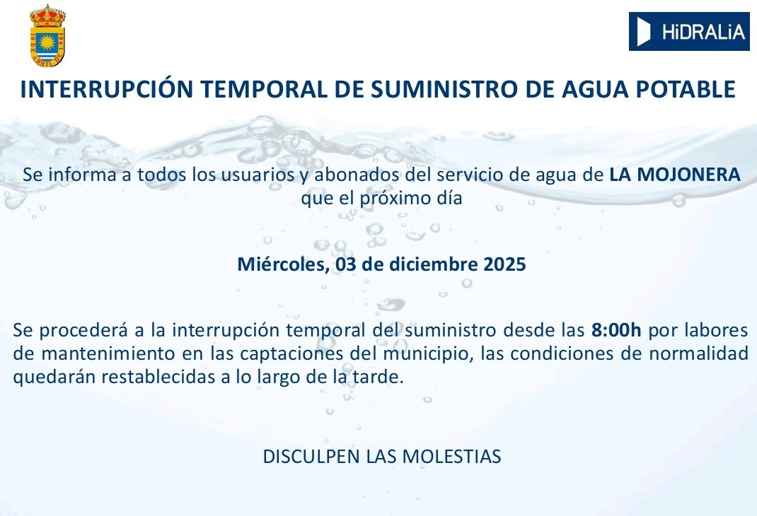 ⚠️#LaMojonera
⚒️Por labores de mantenimiento en las captaciones del municipio🚱se interrumpirá el servicio.
🕒 Desde las 8.00 hasta fin de los trabajos.
🙏Disculpen las molestias
<a href="/aytolamojonera/">Ayuntamiento de La Mojonera</a>