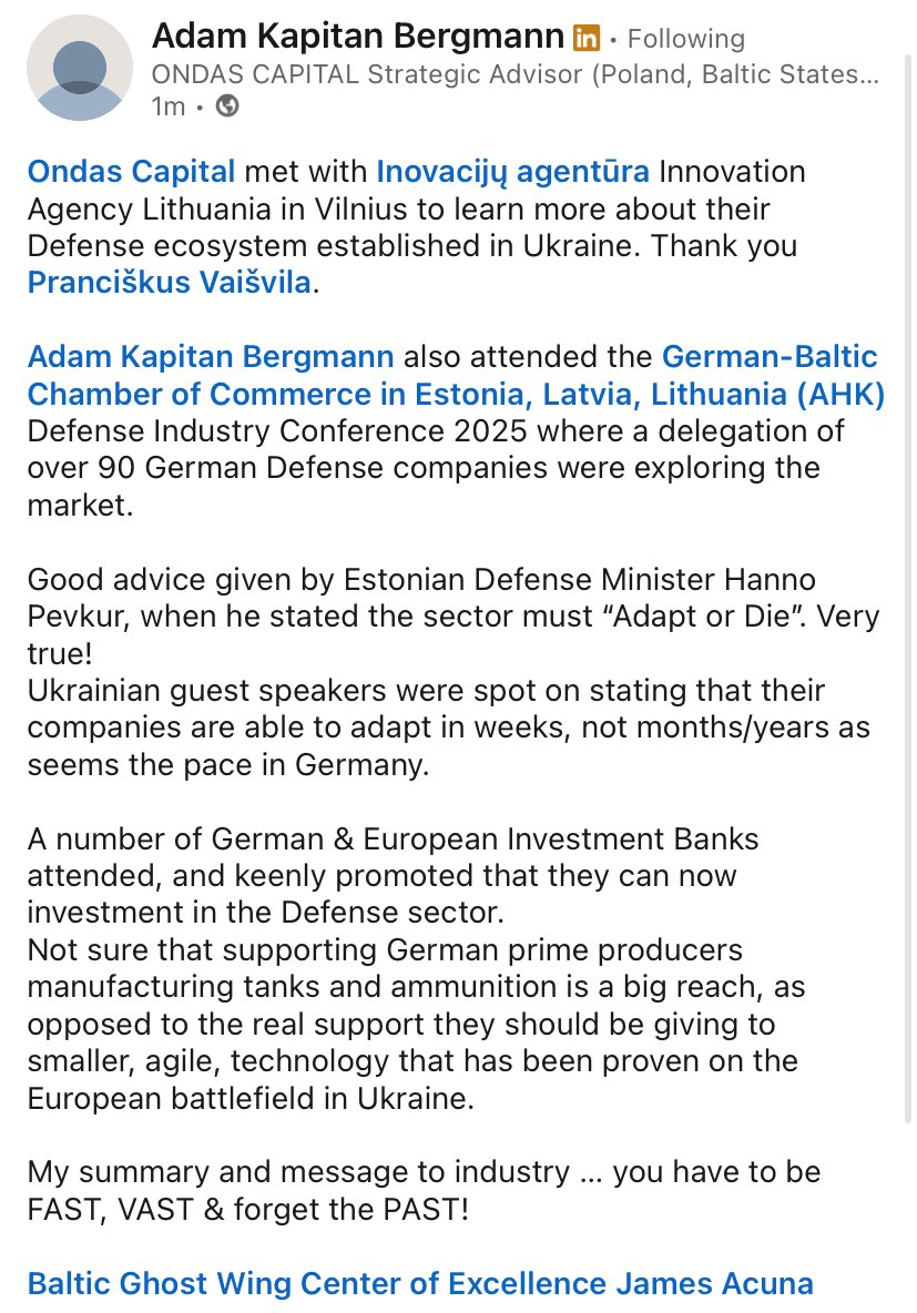 BMSInvests's tweet image. $ONDS | 🇪🇪🇱🇻🇱🇹🇩🇪 

Adam &amp;amp; Ondas Capital getting to work in the Baltics/Germany.

Companies which attended include: Rheinmetall, Quantum Systems, Frankenburg, Helsing etc. as well as government and ministry affiliations.
