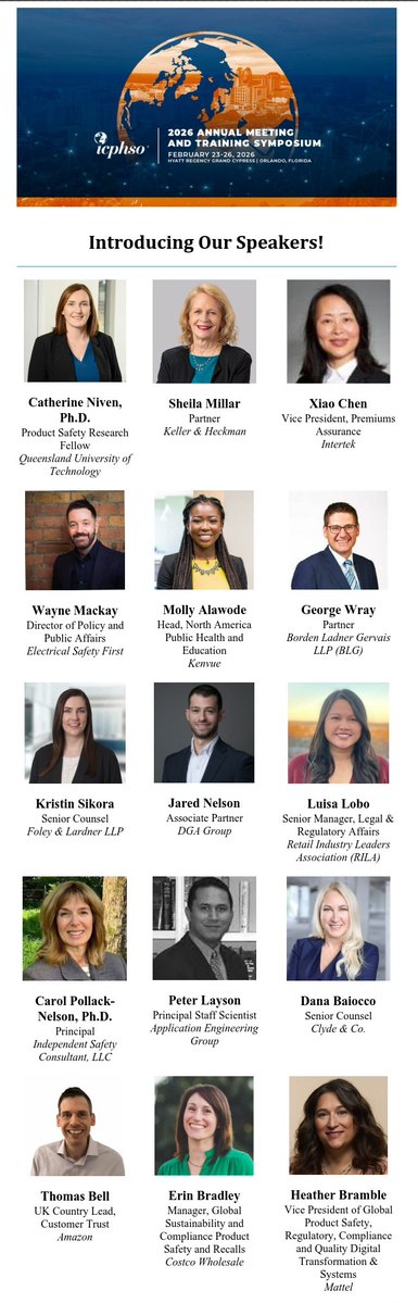 #ICPHSO is excited to announce the initial group of speakers for our 2026 Annual Meeting &amp; Training Symposium, Feb 23–26 in Orlando! More speakers coming soon. Don’t miss your chance to learn and share the latest in #productsafety. #ICPHSO26