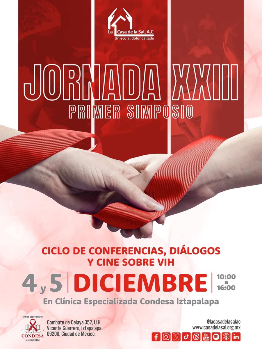 La Casa de la Sal te invita a su XXIII Jornada, un espacio seguro y de actualización para construir una respuesta integral y humana ante el VIH. 

📍Clínica Especializada Confesa Iztapalapa: maps.app.goo.gl/43WbfAYLkEsSTY…
📅 04 y 05 de diciembre 
⏰A partir de las 10 hrs.
