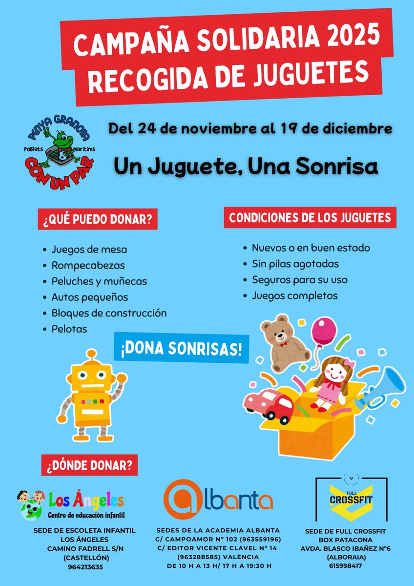 🎄Otro año más, los amigos de la <a href="/PENYACONUNPAR/">Penya CON UN PAR</a> organizan una Campaña Solidaria de recogida de juguetes de cara a la Navidad. Si tenéis alguno por casa, nuevo o en buen estado, lo podéis acercar hasta el 19 de diciembre a cualquiera de los puntos que se indican.