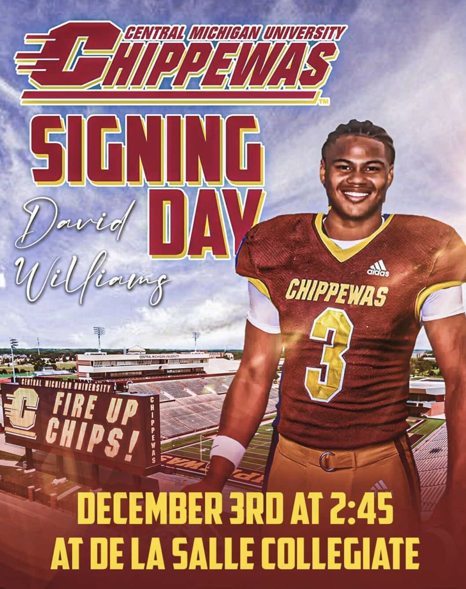 Excited to officially become a Chippewa. Early enrollee. I will be signing with <a href="/CMU_Football/">Central Michigan Football</a> tomorrow at 245pm at DeLasalle HS. <a href="/On3sports/">On3</a> <a href="/DLSFootball_MI/">De La Salle Pilots Football</a> <a href="/CMU_Football/">Central Michigan Football</a> <a href="/coachrohn/">Dan Rohn</a> <a href="/DLSPilots/">De La Salle Collegiate Athletics</a> <a href="/RisingStars6/">Rising Stars Academy</a> <a href="/MIexposure/">Michigan Exposure</a> <a href="/DLSFootball_MI/">De La Salle Pilots Football</a> <a href="/AllenTrieu/">Allen Trieu</a> <a href="/247Sports/">247Sports</a> <a href="/TheD_Zone/">The D Zone</a>