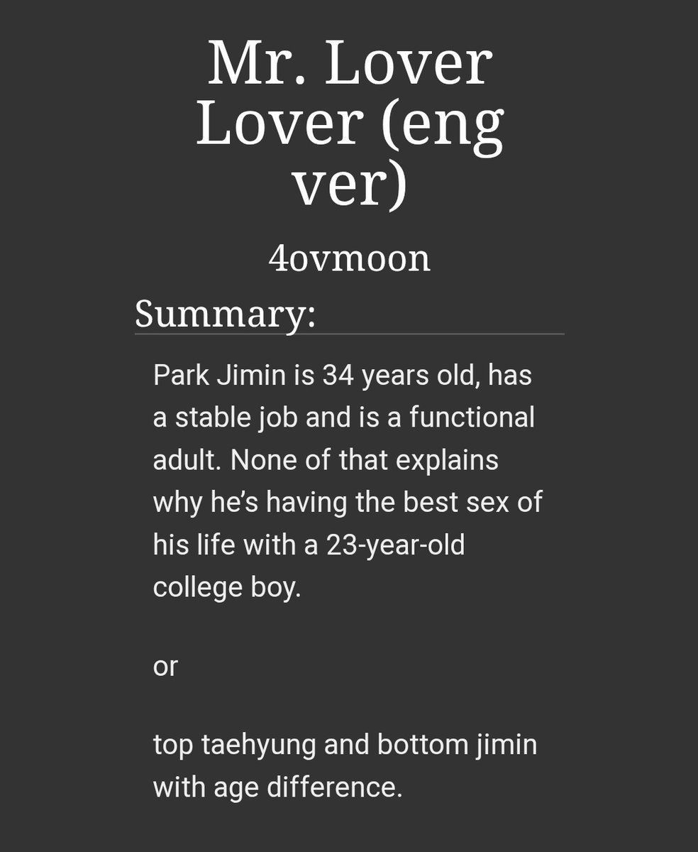 vminiesrec's tweet photo. Mr. Lover Lover by @4ovmoon 

🍓 10.2k, completed (E)
🍓 strangers to lovers, age difference, pwp, size kink, spit as lube, blow jobs, anal sex, crying during sex

🔗https://t.co/f4phZQkLoZ

#vmin #vminficrec https://t.co/4HqWPFI4VP