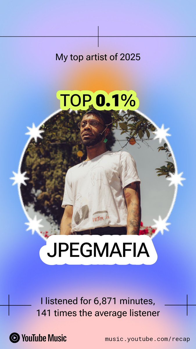 JavieroSaviero's tweet photo. Check out my 2025 #YouTubeMusicRecap! Explore yours at https://t.co/tOwo6WUMDj
@jpegmafia https://t.co/d7lO2m72v9