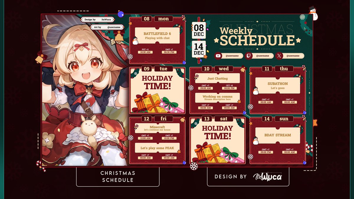 【F2U Christmas Schedule🎄❄️】

I designed my first f2u template~! ❤️
—🔗available on my vgen shop 

Includes: 
⟡˖ A detailed guide for setup
⟡˖ Figma Editable file

#VTuberAssets #FreeVtuberAssets