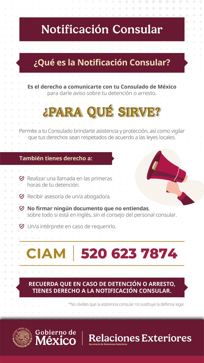 ¿Sabes lo que es la Notificación Consular? Recuerda que llamando   al #CIAM o acercándote a Consulmex Saint Paul podemos brindarte orientación   confiable y gratuita las 24 horas del día, los 7 días de la semana.   #ProtecciónConsular