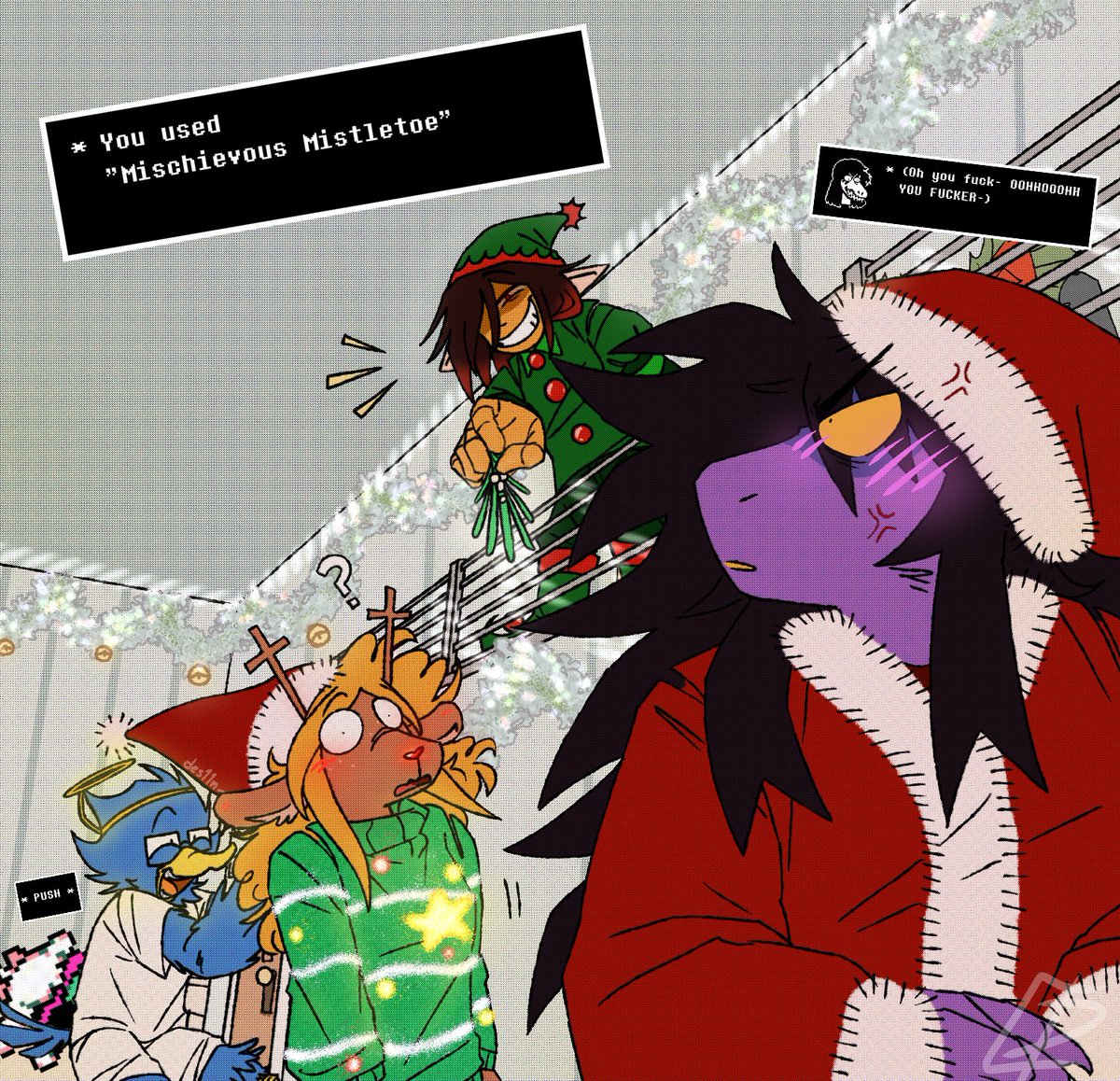 des11n_'s tweet image. DAY 2 OF #susellecember (by @seb_sketches): Mistletoe

#DELTARUNE #susiedeltarune #noelleholiday #suselle