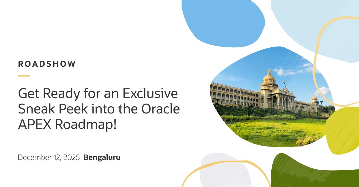OracleAPEX's tweet image. Oracle APEX Roadshow is coming to Namma Bengaluru!

Let&apos;s wrap up the year by exploring what&apos;s coming next in the Oracle APEX roadmap.
Join us for an evening of live demos, insightful discussions, and networking with the APEX community.

🗓️ 12th December 2025 | 2:30 PM - 5:30 PM…
