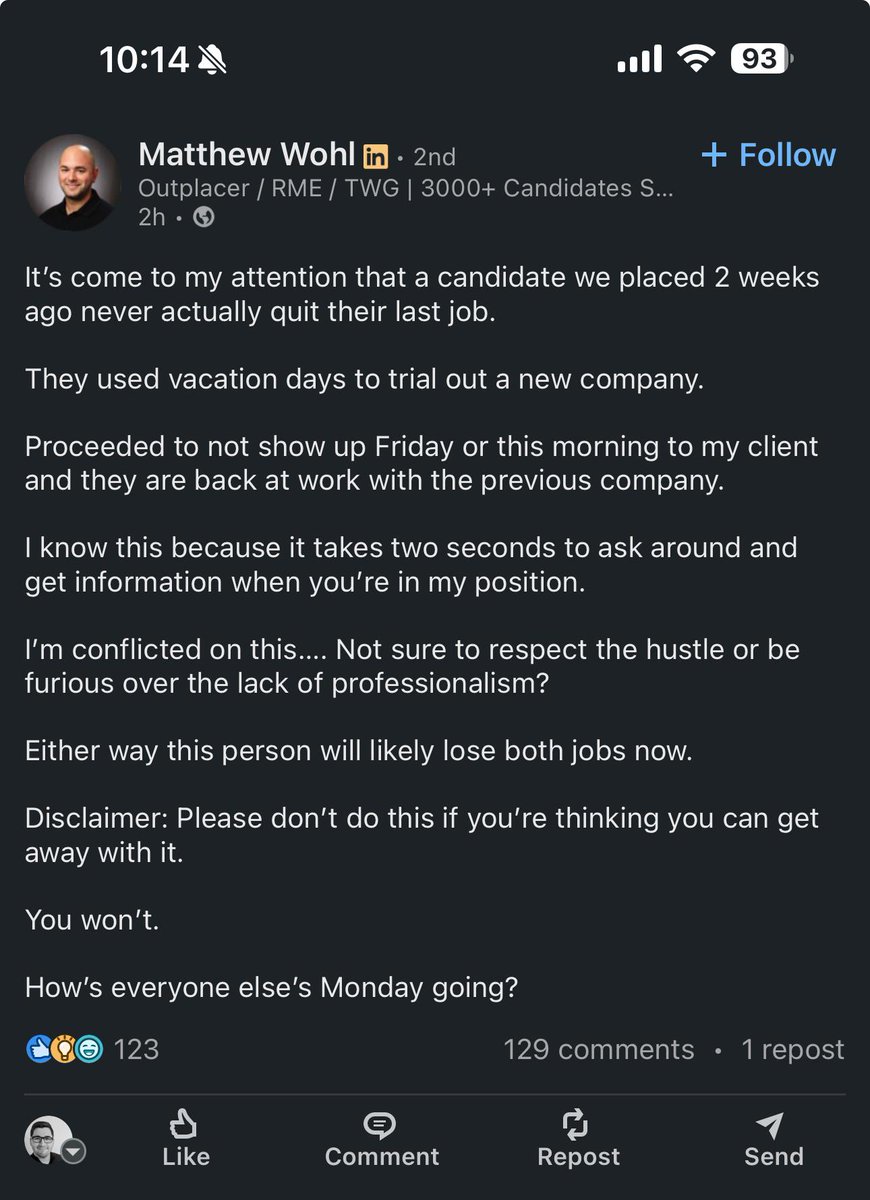 TheJobfather__'s tweet image. I get being mad that your candidate walked out. I get being mad that you might lose some money. 

But going after someone&apos;s job because they decided an employer wasn&apos;t for them 1 week into working for them is a snake move. 

Companies rescind offers all the time.