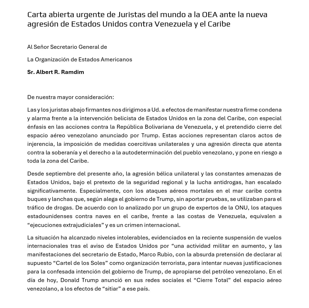 EnriqueSantiago's tweet image. ✍🏻🇻🇪 Ciento cincuenta juristas de todo el mundo hemos firmado una carta dirigida a la OEA pidiendo el fin de la agresión de Trump a Venezuela y el respeto del derecho internacional por los Estados Unidos.