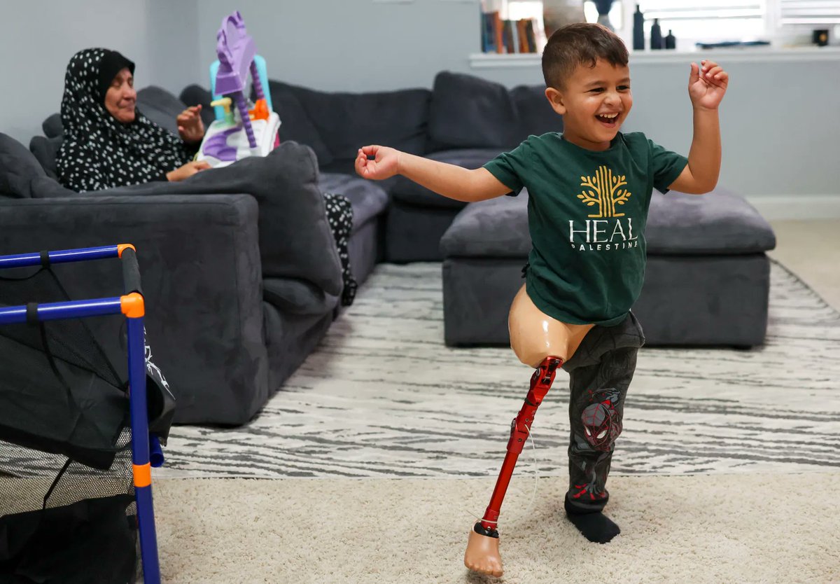 Stevesosebee's tweet photo. I love this photo of Adam in today's @chicagotribune because it captures his true essence of a happy, innocent child who lost so much, beyond what we can possibly understand.  In case you can't read the story, Adam's grandmother said she searched for the faces of her son, her daughter-in-law and her three grandkids. She spotted Ahmed on the ground and reached for his arm: “It was detached,” she said. Next to Ahmed was his wife — and in between them was Adam, still wrapped in the bedsheet he was sharing with his parents.
“Adam’s mom was still wearing earrings,” Fojo said. Adam’s siblings, Yusuf, 5, and Nada, 7, were a few steps away — lifeless and still. “They were killed while sleeping,” Fojo said, tears slowly sliding down her sunken cheeks. At that moment, she thought even Adam had died, but “God wanted him to live,” she said.
Following the airstrike, their neighbors — also in tents — ran through the rubble to help, or at least to figure out who was killed. Fojo said her daughter took Adam to a hospital nearby. Adam never saw his parents or his brother and sister again.

My life's work is to serve these children in Palestine.  Adam is a special boy to everyone who meets him, so loving and full of energy, despite being orphaned in a bombing in Gaza, which also took his leg.  Thanks to our host family and community in Chicago for taking care of him.  We in @healpalestine_  are so grateful.☮️🇵🇸✌️