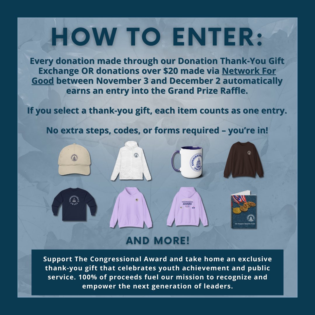 It’s #GivingTuesday! Support The Congressional Award and help expand opportunities for youth nationwide. All donors are entered into our Grand Prize Raffle 🎁💙

Give with purpose → congressionalaward.org/giving-tuesday