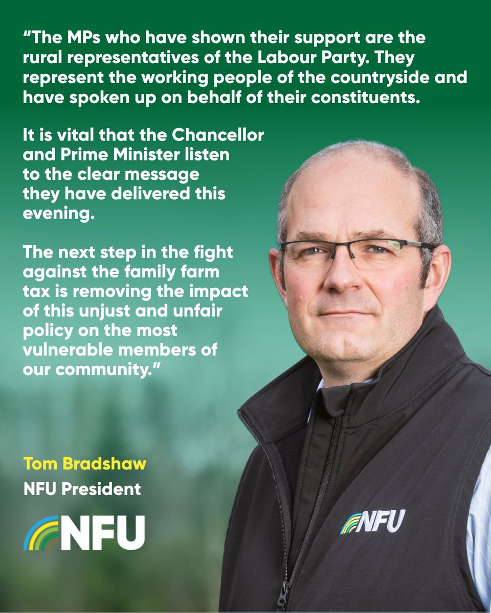 Following a day of lobbying from the NFU and our members, a significant number of MPs refused to back the government and its plans for changes to inheritance tax in a vote on the Finance Bill tonight.

NFU President, Tom Bradshaw shares his thoughts 📢

Keep an eye on NFUonline