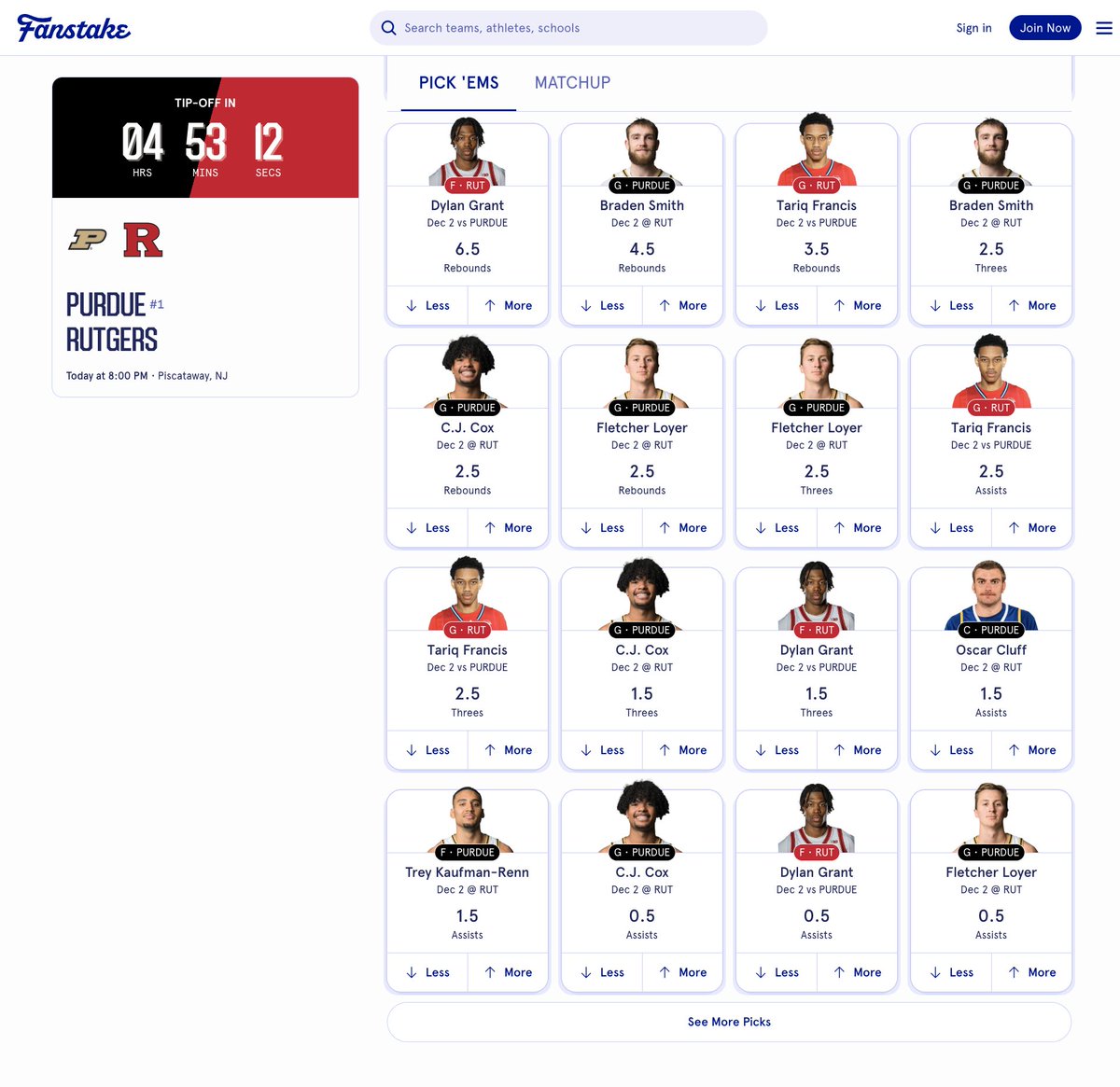 FanstakeHQ's tweet image. No. 1 Purdue makes the trek to Piscataway for a matchup against Rutgers to begin league play. Tipoff at 8 PM EST.    All the game and player props here: fanstake.com/mens-college-b… 

Purdue -15.5 
Over/Under 145.5 Total Points  

POINTS
Braden Smith (Purdue) — Over/Under 14.5 Points…