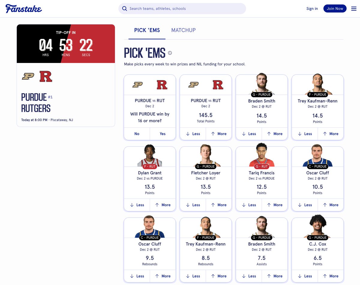 FanstakeHQ's tweet image. No. 1 Purdue makes the trek to Piscataway for a matchup against Rutgers to begin league play. Tipoff at 8 PM EST.    All the game and player props here: fanstake.com/mens-college-b… 

Purdue -15.5 
Over/Under 145.5 Total Points  

POINTS
Braden Smith (Purdue) — Over/Under 14.5 Points…