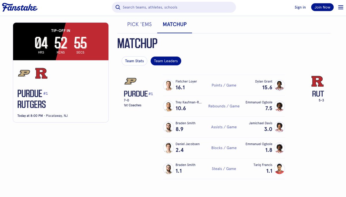 FanstakeHQ's tweet image. No. 1 Purdue makes the trek to Piscataway for a matchup against Rutgers to begin league play. Tipoff at 8 PM EST.    All the game and player props here: fanstake.com/mens-college-b… 

Purdue -15.5 
Over/Under 145.5 Total Points  

POINTS
Braden Smith (Purdue) — Over/Under 14.5 Points…