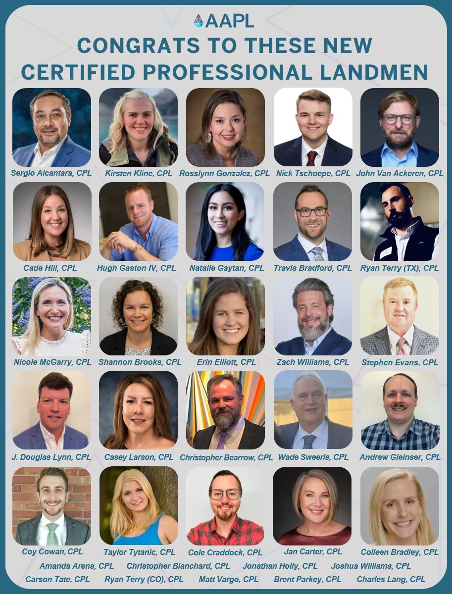 Congratulations to our newest Certified Professional Landmen! AAPL’s CPL designation is recognized throughout the entire energy industry as an indicator of competency, proficiency and professionalism. Learn more – bit.ly/3BoCZi4.