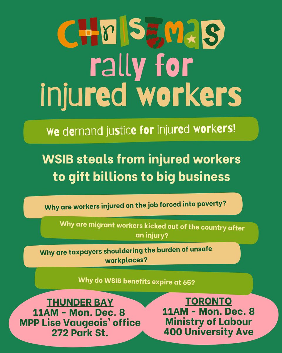ONIWG's tweet image. Please share far and wide. Injured &amp;amp; Ill worker rally this coming Monday, 11am, #ThunderBay and #Toronto. 
#OnPoli #WSIB #WorkersCompIsARight #RightsDoneRetire