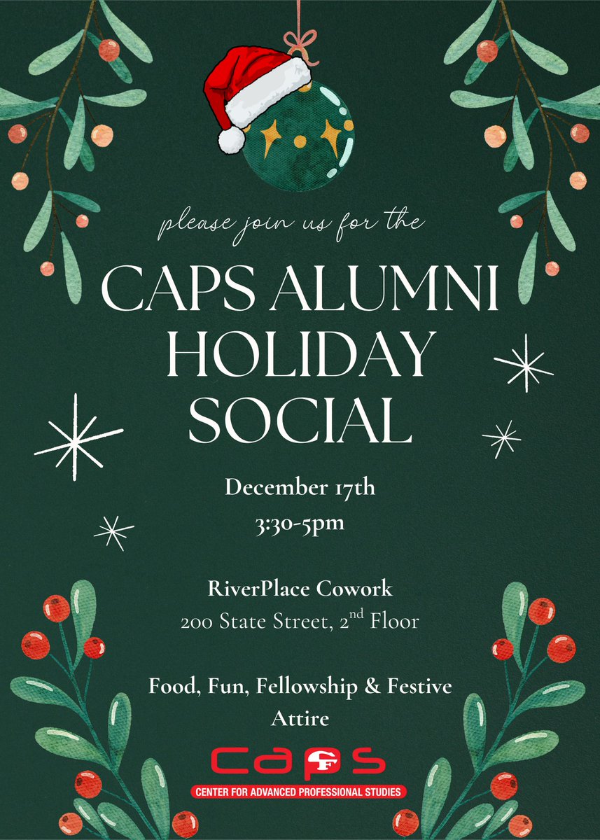 CFCAPSCareers's tweet photo. ATTN: All CAPS Careers Alums:     

We'll be hosting our Annual CAPS Alumni Holiday Social on Wednesday, December 17th.  You're invited to attend!  Please see the image below for details.  Hope to see you there! 🎅🎄☃️❄️

@CF_CAPS
@NetworkCAPS 

#CAPSNetwork #CFCAPS #CAPSAlumni https://t.co/DA5r6VyiGO