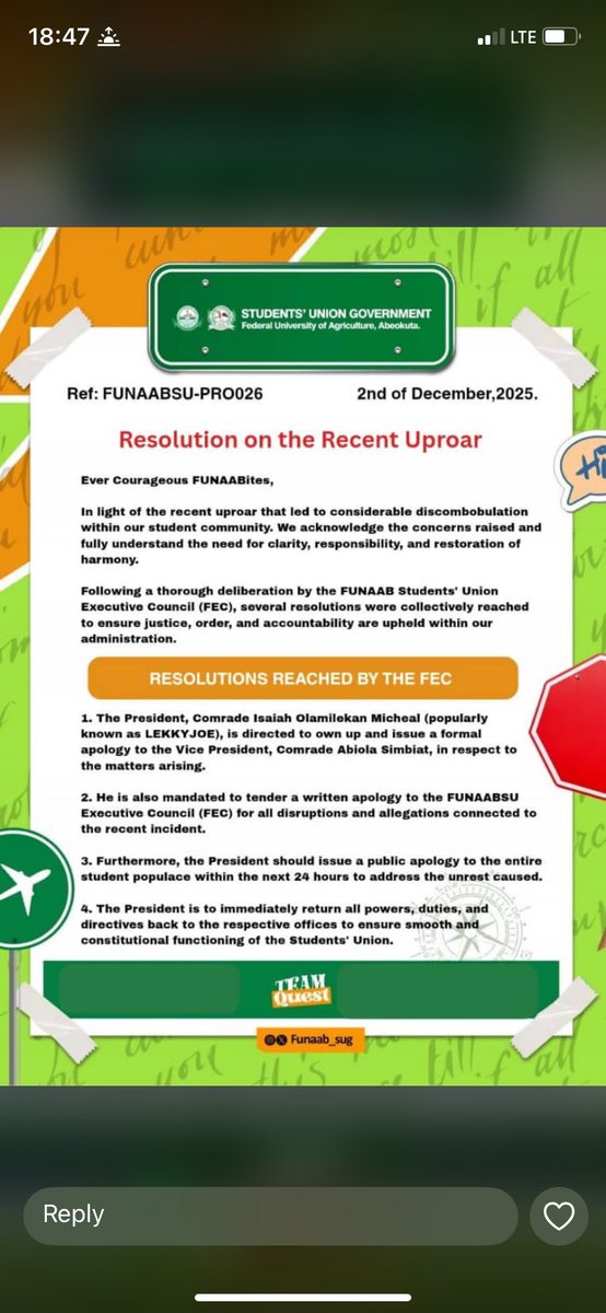 Gadpent85's tweet photo. People say FUNAAB unionism is a clown show, and honestly I’m starting to agree. How will the VP’s signature appear on a resolution that concerns her? SUG make it make sense pls. Thread loading.

BRI-BRI: Coming in BRIef
Male HOR Social Director
Gadpent👹 https://t.co/yPExDBb2rC