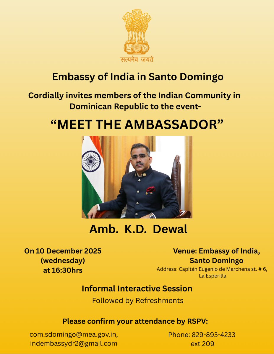 Join us for ‘Meet the Ambassador’ event - An exclusive Indian Community gathering on 10 Dec 2025@1630 hrs at Embassy premises.

 #meettheambassador #meeting #IndiaConnect #IndianCommunity #DiplomacyinAction #indianDiaspora 

<a href="/MEAIndia/">Randhir Jaiswal</a>