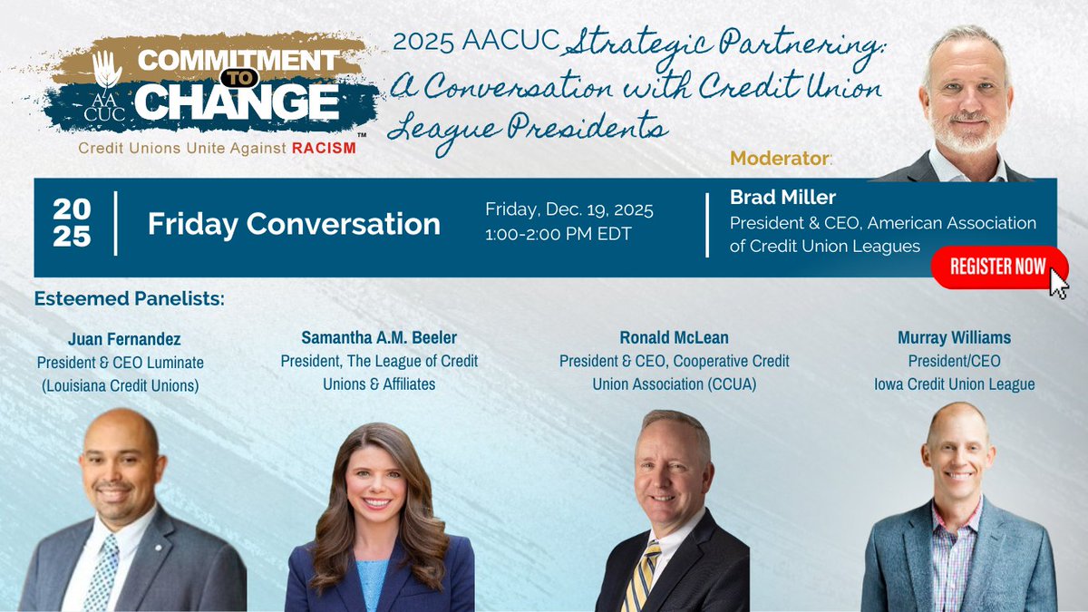 AACUC1's tweet image. Join us Fri, Dec 19 | 1–2 PM EST for our CTC Friday Conversation!

Explore how AACUC &amp;amp; credit union leagues are driving unity, advocacy &amp;amp; financial well-being.

Register: members.aacuc.org/ap/Events/Regi…

#AACUCCTC #CommitmentToChange #AACUC