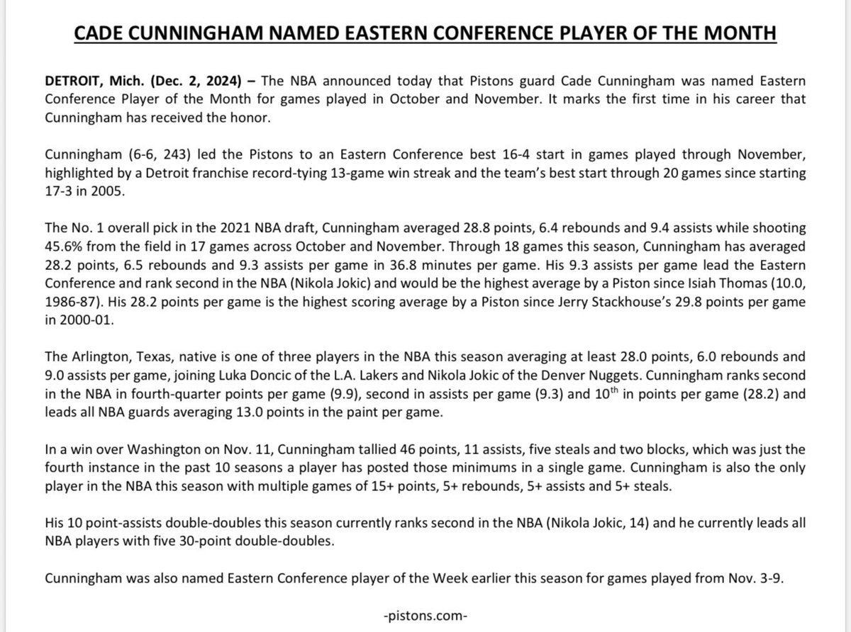 The <a href="/NBA/">NBA</a> announced today that Pistons guard Cade Cunningham was named Eastern Conference Player of the Month for games played in October and November.