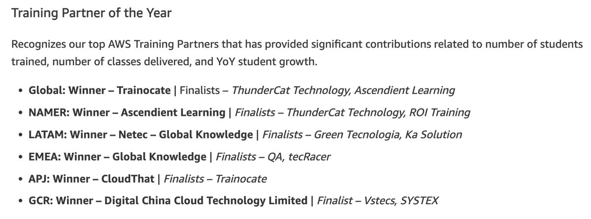 yamamanx's tweet photo. 2025 Geo and Global AWS Partners of the Year - Training Partner of the Year
弊社が4年連続Global WinnerとAPJ Finalistsに選出いただきました！
ご受講いただいている皆さまと関係いただいている皆さまのおかげです！
ありがとうございます！
#reinvent2025
https://t.co/Q6yjDrUb9C https://t.co/WX9tbie1b4