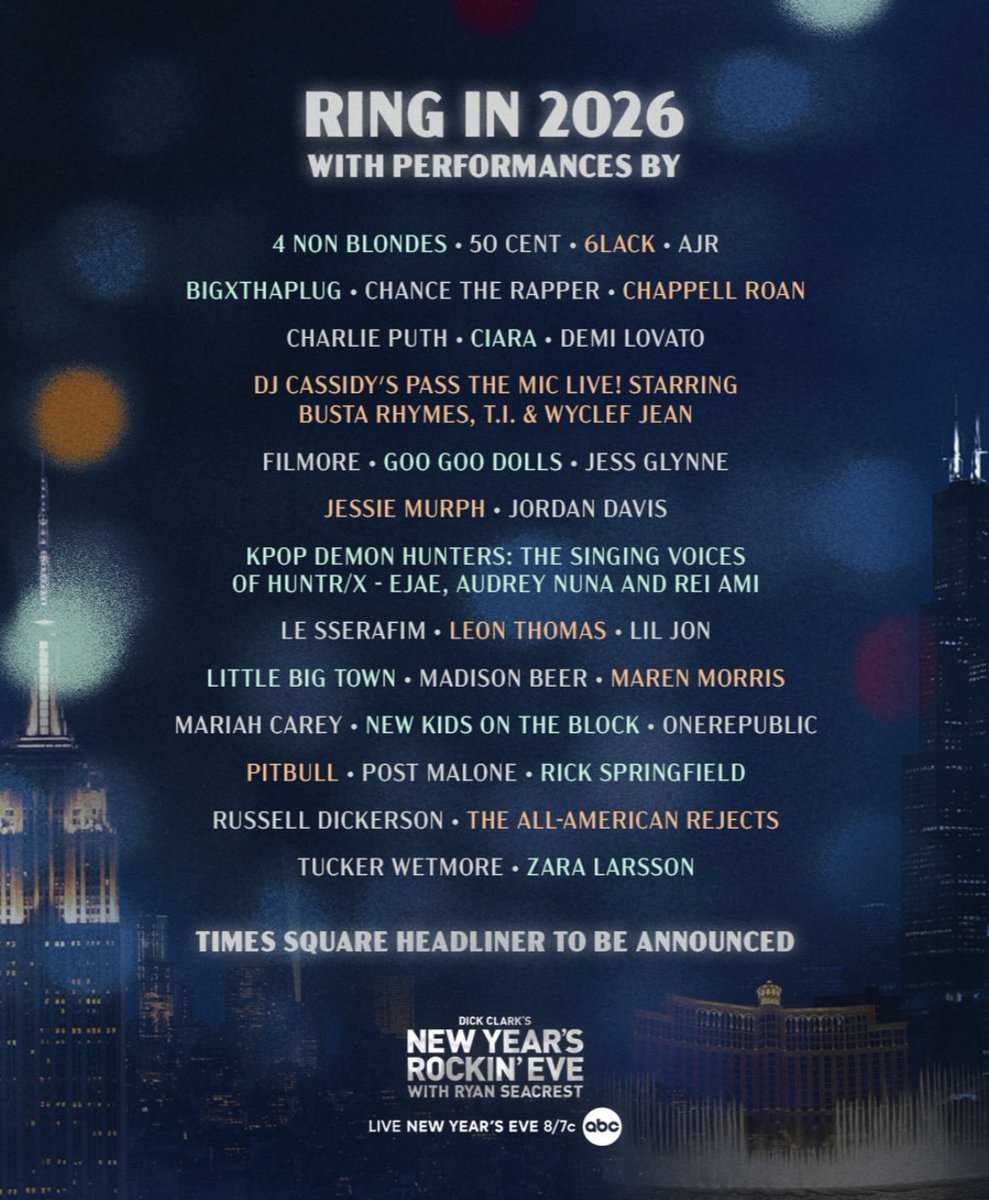 Performers announced for New Year’s Rockin’ Eve with Ryan Seacrest.

Featuring Chappell Roan, Ciara, Demi Lovato, HUNTR/X, Mariah Carey, Madison Beer, Post Malone, Zara Larsson &amp; more.