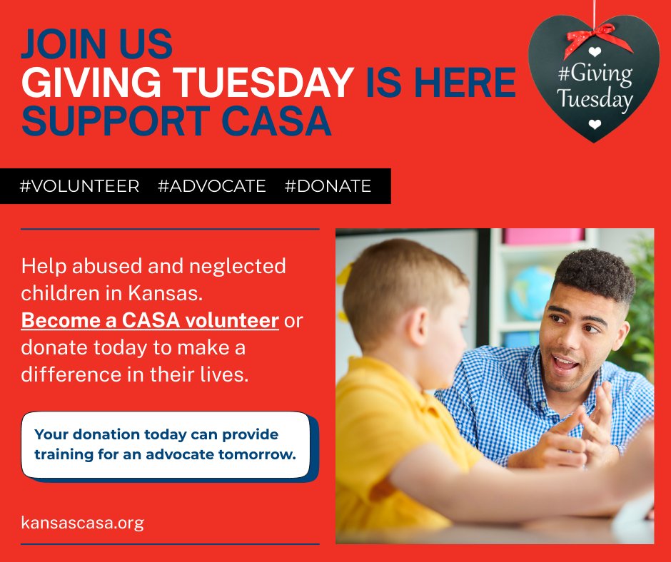 ❤️This Giving Tuesday, Give the gift that has no price tag: become a CASA volunteer.💙 

If you’re looking for a way to make a real impact, consider learning more today.👇
... Volunteer Here ➡️ kansascasa.org/volunteernow/h…
Can't volunteer? 
... Donate Here ➡️ kansascasa.org/volunteernow/d…