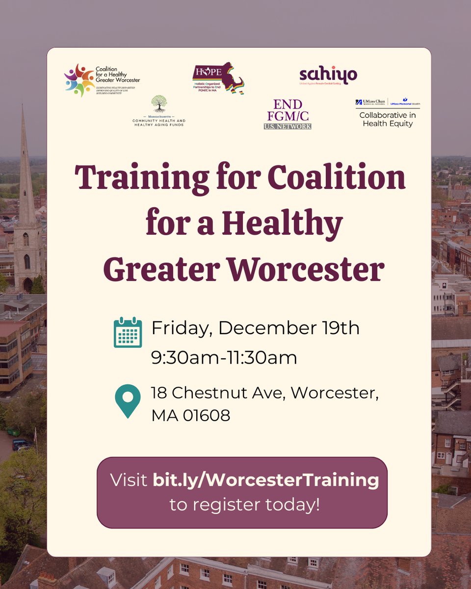 sahiyovoices's tweet photo. Join us Friday, December 19th for an in-person training in Worcester, MA! This session will equip Coalition members with essential knowledge about female genital mutilation/cutting (FGM/C).

Visit https://t.co/D88u6aqSh2 to register! https://t.co/MdAI7lRKYx