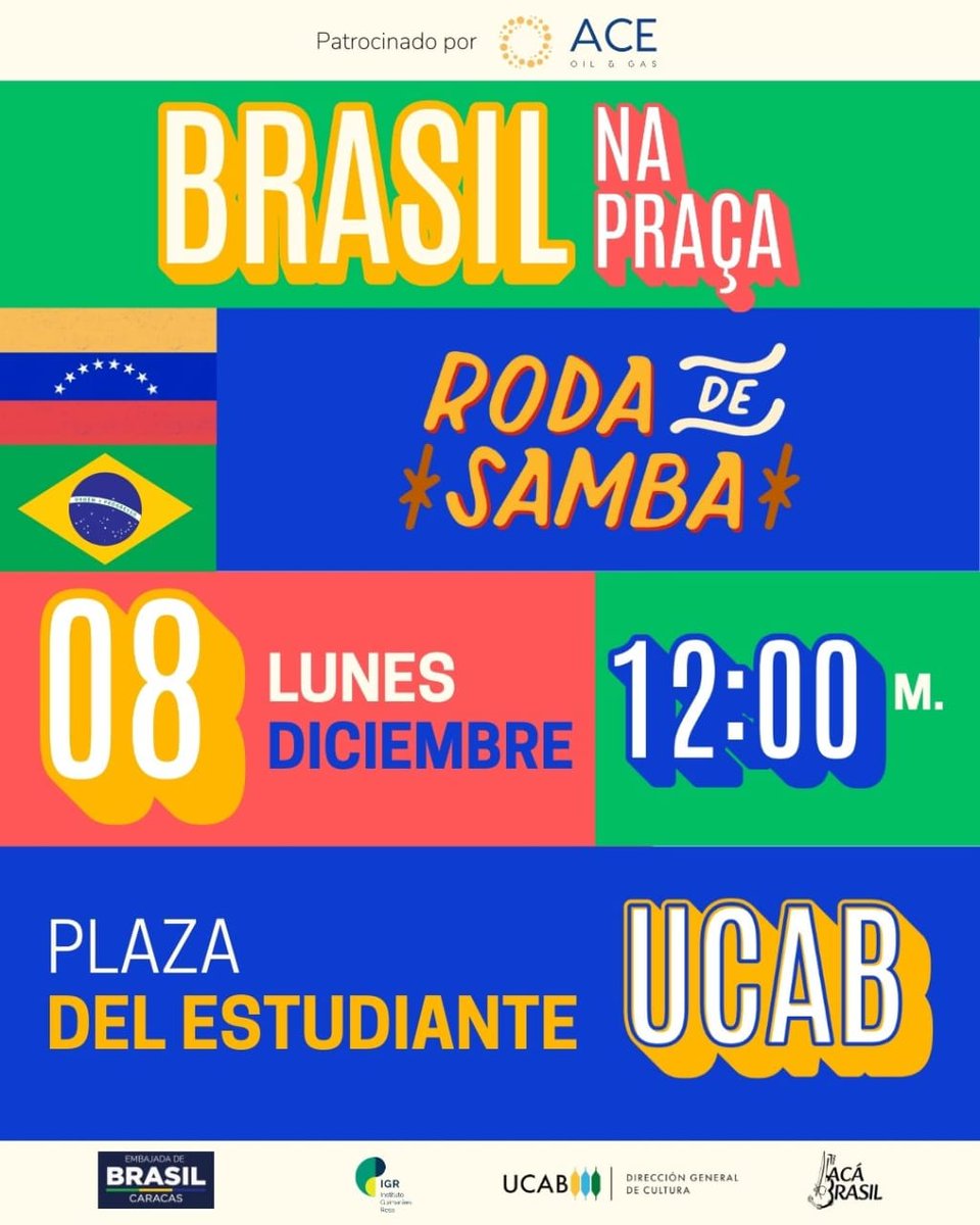 Como parte del Proyecto "Brasil Na Praça", la Embajada de Brasil en Caracas invita a la Roda de Samba, a cargo del Grupo Acá Brasil, que se llevará a cabo el lunes 8 de diciembre, a las 12m, en la Plaza del Estudiante de la Universidad Católica Andrés Bello.

¡Los esperamos!