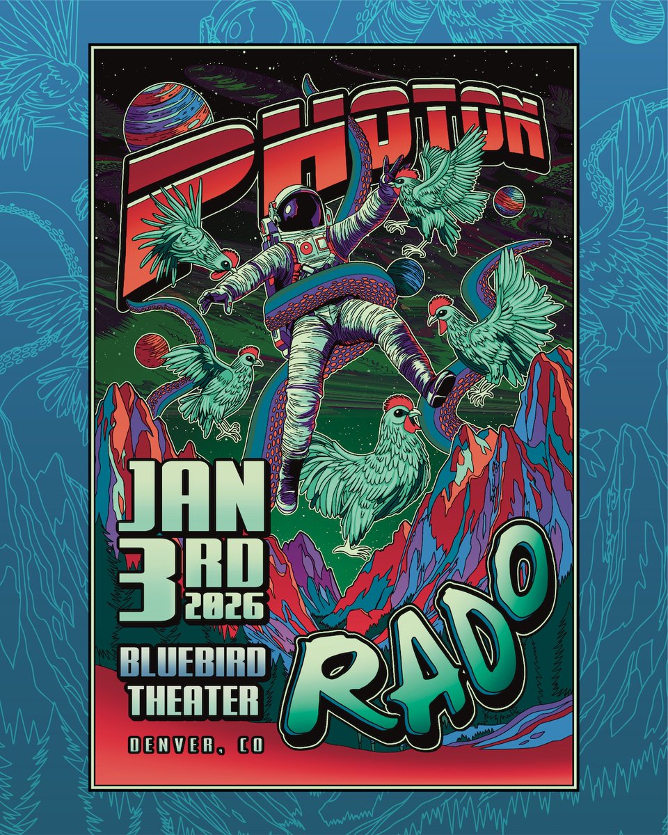 🚀 WIN 2 TICKETS 🚀

Enter Contest: instagram.com/p/DRxjqdbklds/

Sat, Jan 3 PHOTON and RADO at <a href="/bluebirddenver/">Bluebird Theater</a> Denver!

Photon is Dan Africano (Thievery Corporation, Death By Dub), Neal "Fro" Evans (Dopapod), Jimmy Dunstan (Yamn)!

🎟 axs.com/events/1189476…

#photon #rado #denver