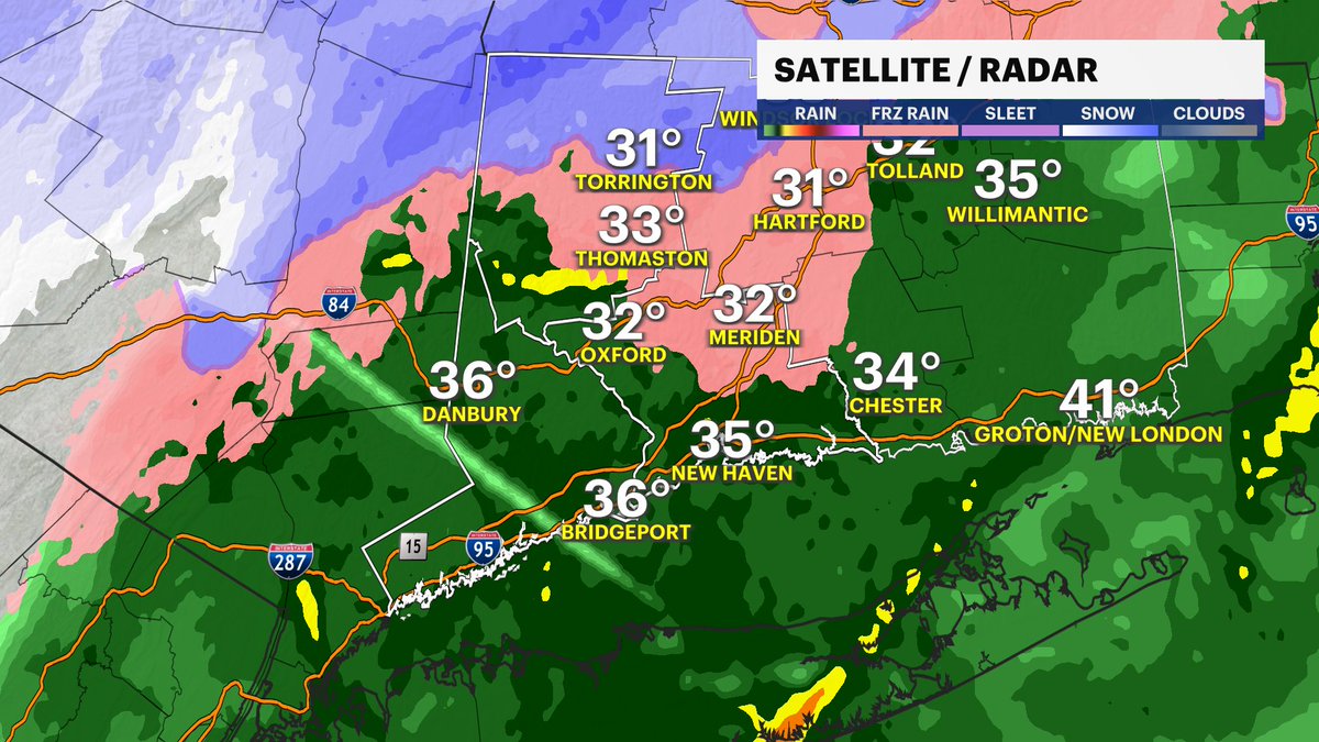 At 3:30pm, a cold rain falls south meanwhile some snow and ice impact central and northern Litchfield County.  Temperatures are gradually rising above freezing for now.
Updates on <a href="/News12CT/">News12CT</a> ➡️connecticut.news12.com/live
#CTweather #CTsnow #CTrain #tuesday #cold