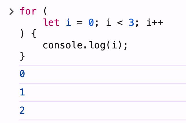 crutchcorn's tweet image. 🧵 1/6 `for` loops in JavaScript are more complex than you think they are.

Let&apos;s start with a basic `for (let i = 0;)`...

Here we can see it counting from 0 - 2.

But everything in the parens for the `for` loop aren&apos;t executed all-at-once.