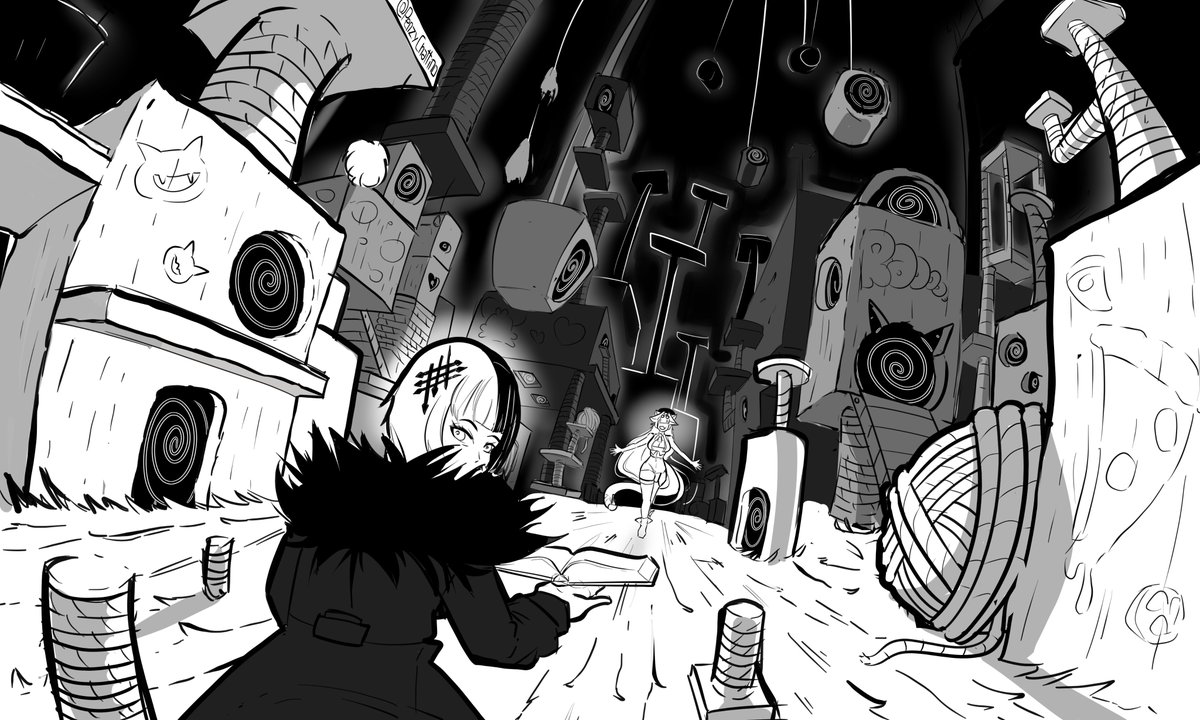 My first attempt at backgrounds and perspective... Anyway.

Raora Panthera VS Shiori Novella. 
Domain Expansion (Name pending). 

#RaorArt #ShiorinSketch