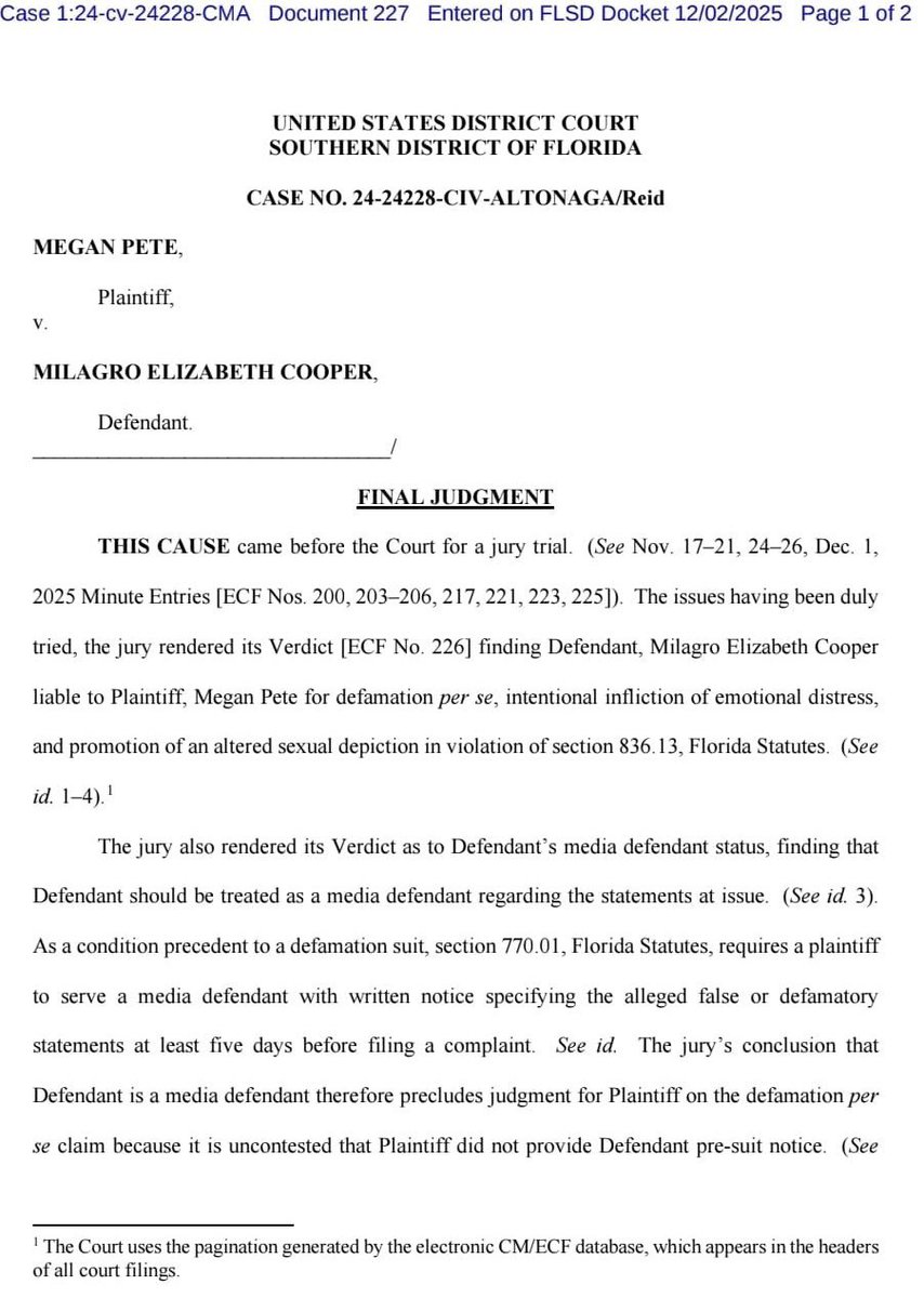 meghanncuniff's tweet photo. Judge Altonaga has entered final judgment for Megan Thee Stallion against Milagro, tossing the defamation claim because Milagro was ruled a media defendant and Megan’s lawyers never notified her before suing her.

Damages are now $59K, and Milagro could soon be ordered to stop talking about Megan.