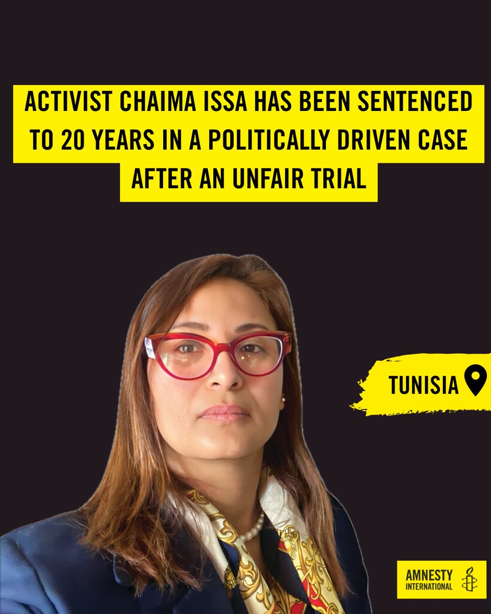 AIUKCCNAT's tweet photo. Activist Chaima Issa has just had a 20-year prison sentence upheld by the Tunis Court of Appeal in the so-called “conspiracy case” — a trial widely condemned for its lack of transparency, political targeting, and serious violations of fair-trial standards
https://t.co/qA92trQD5g https://t.co/Kol60rUWBY