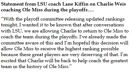 bmarcello's tweet image. Statement from Lane Kiffin on Charlie Weis Jr. returning to Ole Miss to coach in the playoffs.
