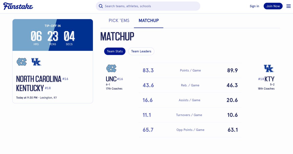 FanstakeHQ's tweet image. BATTLE OF THE BLUE BLOODS

Historic programs clash when #17 North Carolina  battle the #18 Kentucky Wildcats in one of the marquee ACC/SEC Challenge games at 9:30 PM EST tonight.

All the game and player props here: fanstake.com/mens-college-b…

Kentucky -6.5
Over/Under 163.5 Total…