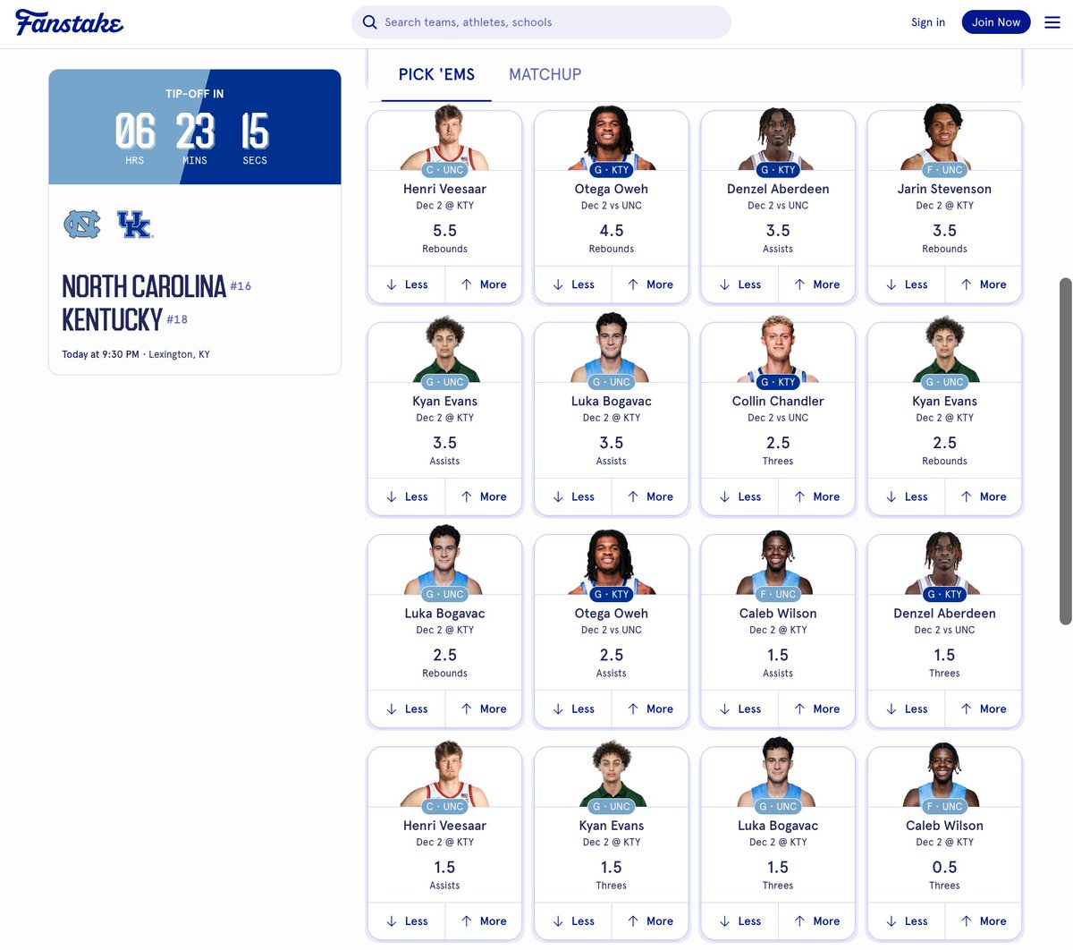 FanstakeHQ's tweet image. BATTLE OF THE BLUE BLOODS

Historic programs clash when #17 North Carolina  battle the #18 Kentucky Wildcats in one of the marquee ACC/SEC Challenge games at 9:30 PM EST tonight.

All the game and player props here: fanstake.com/mens-college-b…

Kentucky -6.5
Over/Under 163.5 Total…