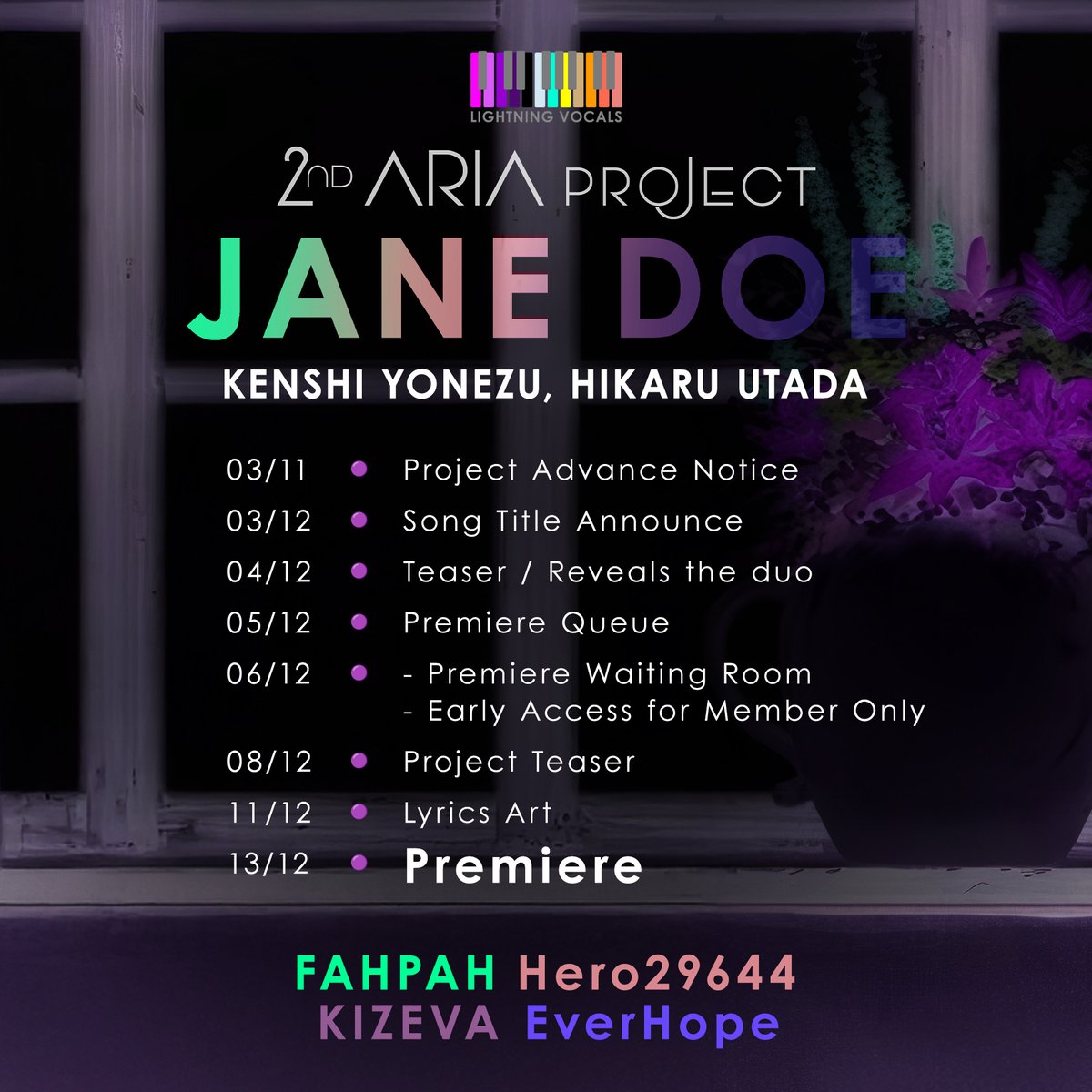 🎼𝄞 2nd ARIA Project 𝄞🎼
LVs  Duet   ｢JANE DOE｣   by KENSHI YONEZU, HIKARU UTADA
📅 Schedule Table | กำหนดการ
 ㅤ
รอบนี้มาแบบร้องคู่ แต่ใครร้องกับใครขอจุ๊ไว้ก่อน 🤫
เตรียมพบ Kizeva ☂️, Fahpah⚡, Hero29644🛡️ และ EverHope🍀