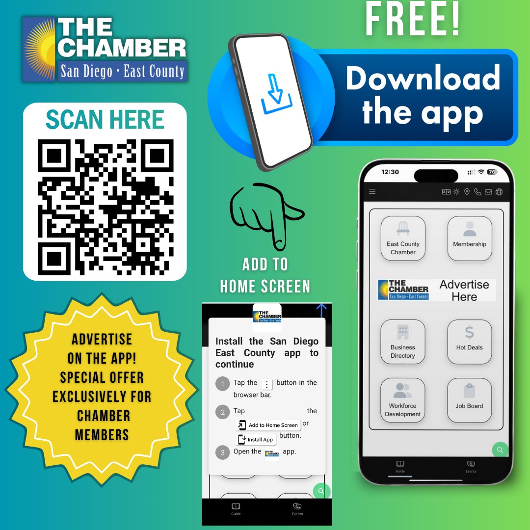 sdeccc's tweet image. 📲✨ Stay Connected with The Chamber — Download Our App Today! ✨📲

Your connection to the San Diego Regional East County Chamber of Commerce is now easier than ever! Access events, member directories, job boards, hot deals, and more — all in one place.

💡 Scan the QR code to…