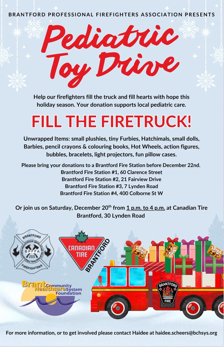 🚒🎁 Toy Drive Alert!

We’re teaming up with <a href="/BCHSFoundation/">Brant Community Healthcare System Foundation</a> + Canadian Tire to support kids in local pediatric care this holiday season!

🧸 Drop off new, unwrapped toys at any <a href="/BrantfordFire/">Brantford Fire Department</a> station all month
📍 Fill the Fire Truck Event: Dec 22 • 1–4 PM • 30 Lynden Rd