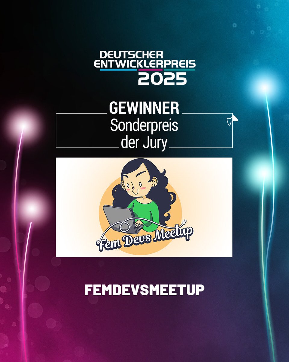 entwicklerpreis's tweet photo. Der Award für den 𝗦𝗢𝗡𝗗𝗘𝗥𝗣𝗥𝗘𝗜𝗦 𝗗𝗘𝗥 𝗝𝗨𝗥𝗬 geht an @FemDevsMeetup. 🏆✨ 

Herzlichen Glückwunsch an das Gewinnerprojekt! 

#DEP2025 https://t.co/IxqD4JPYRQ